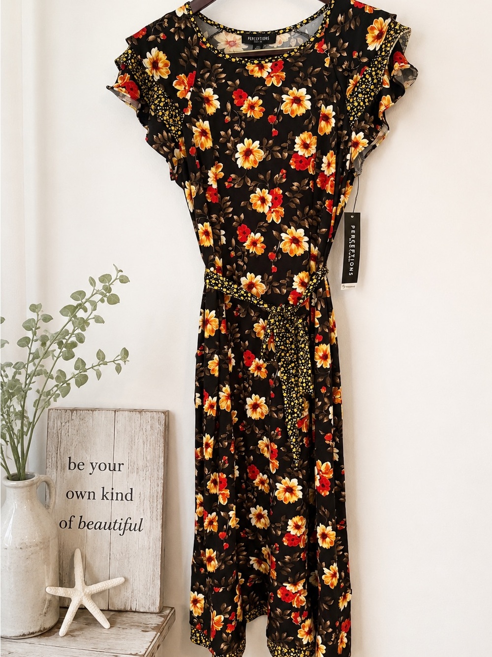 Perceptions Black Midi Dress with Yellow & Red Floral Print and Tie Waist